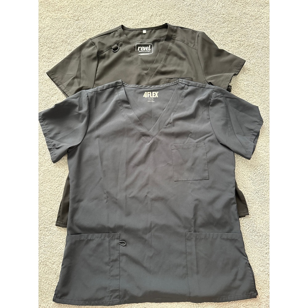 Revel and 4Flex Womens Scrub Tops Bundle Set of 2 Black/Gray V-Neck Size Large